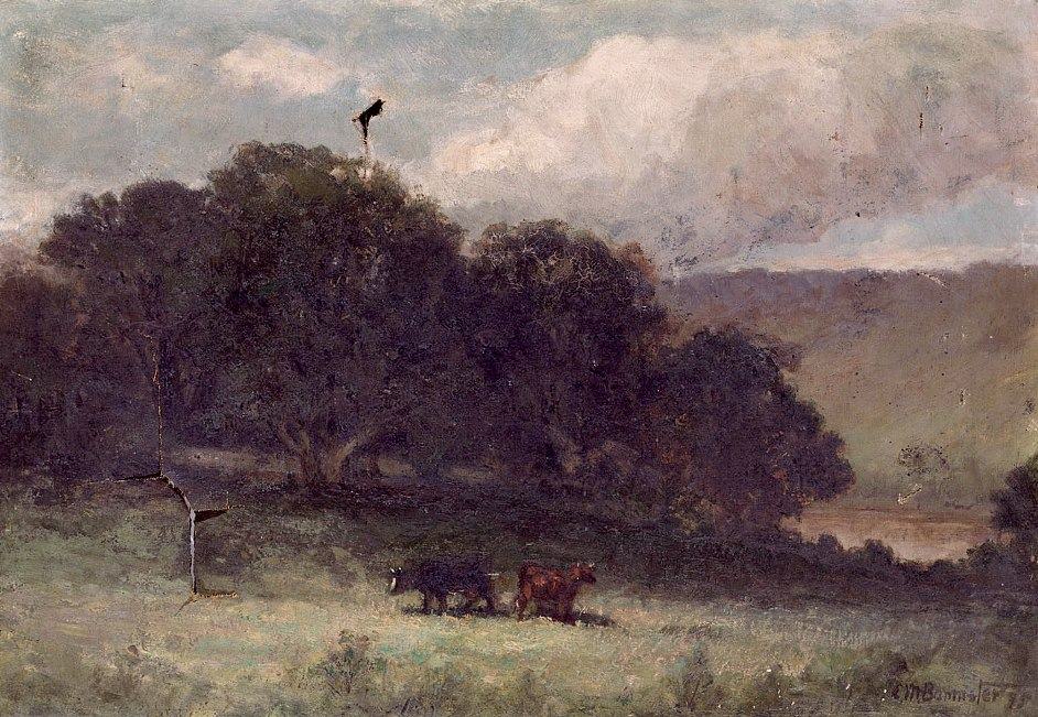 Edward Mitchell Bannister landscape with trees and two cows in meadow